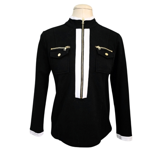 BOSTON PROPER Black White Gold Hardware Long Sleeve Shirt Top Half Zip Small - Picture 1 of 4